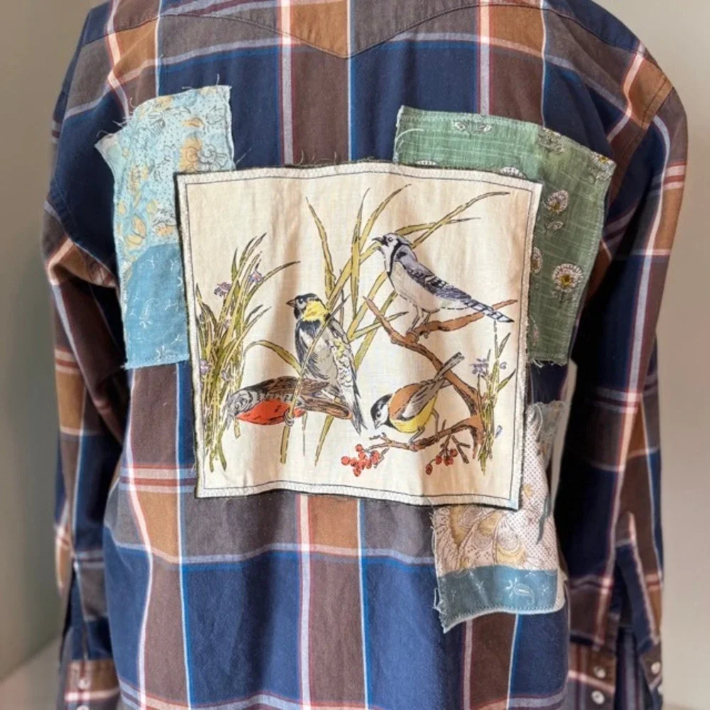 Upcycled Wrangler Custom Western Shirt Plaid Pearl Snap Bird Floral Blue Brown‎ - Picture 3 of 8